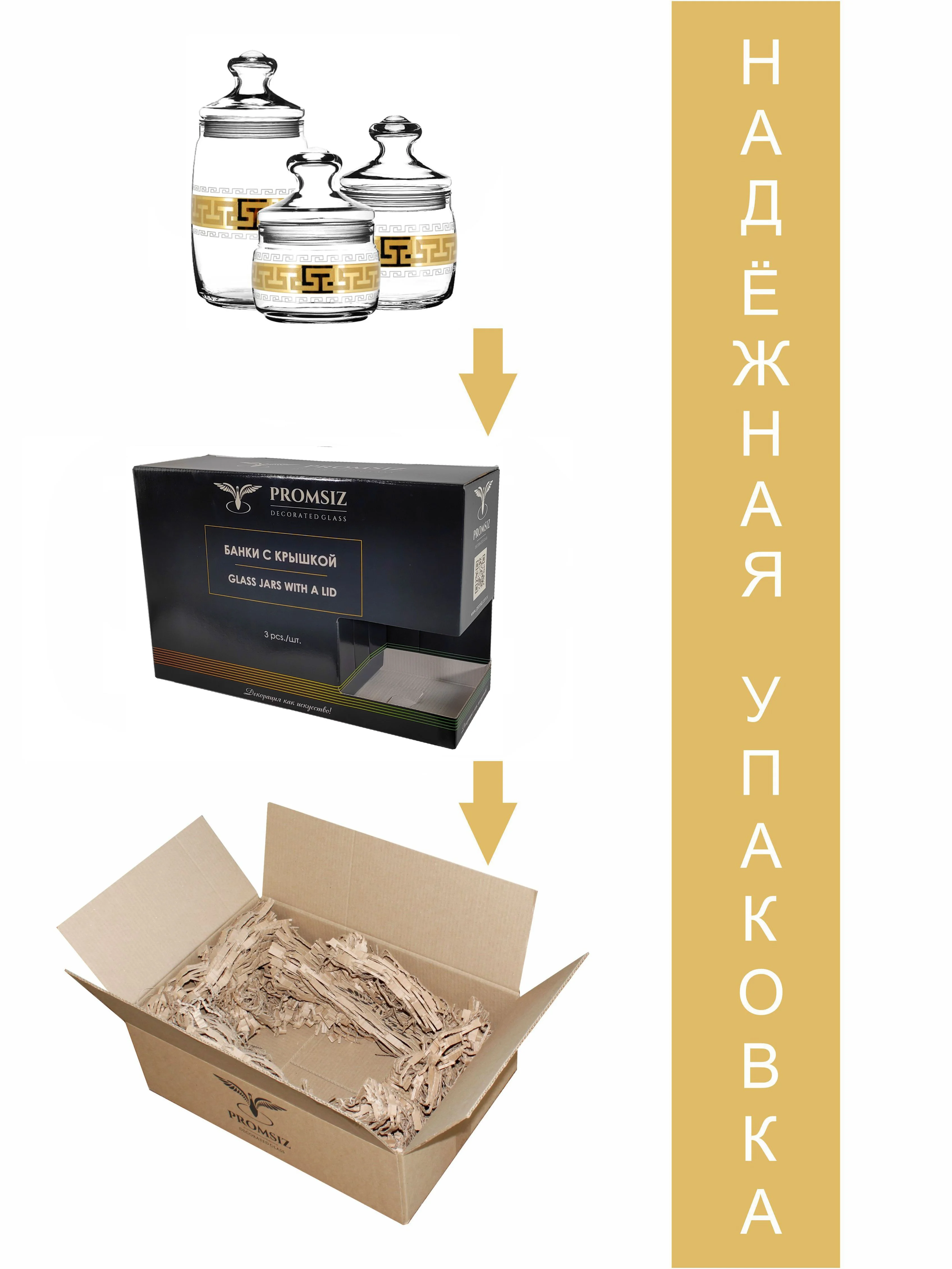Набор из 3-х банок с крышкой для сыпучих продуктов 500 мл,600 мл,1100мл PROMSIZ Греческий