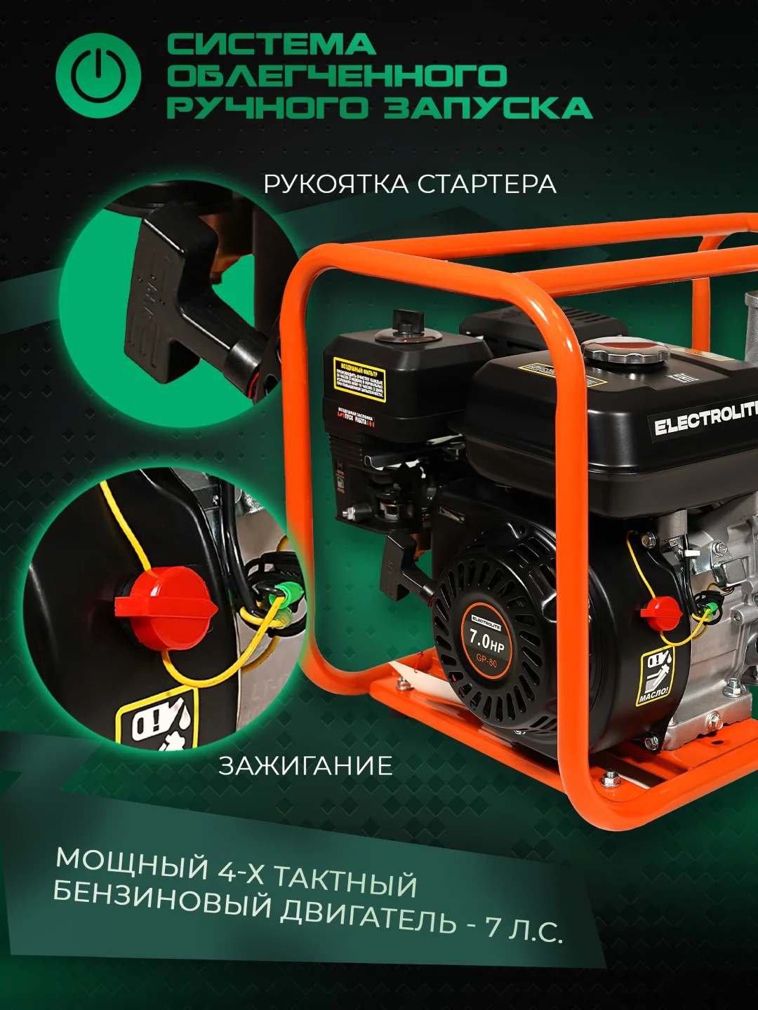 Мотопомпа бензиновая  поверхностный насос ELECTROLITE GP-80 (80 мм, 7 л.с, 1000 л/мин)