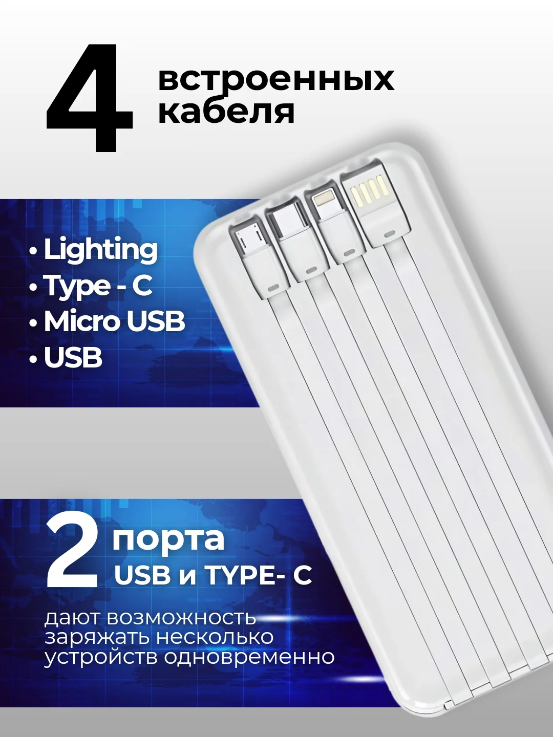 Белый повербанк 20.000 mAh с встроенными кабелями / Портативный внешний аккумулятор для телефона