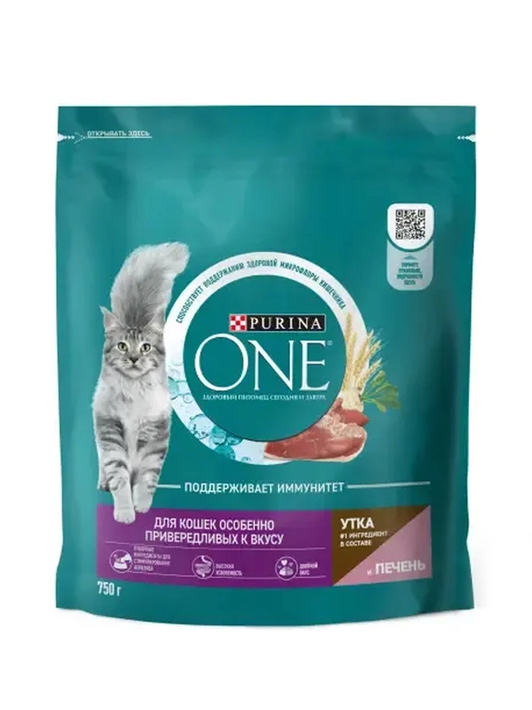 Сухой корм для взрослых кошек Purina ONE, с уткой и печенью, 750 г