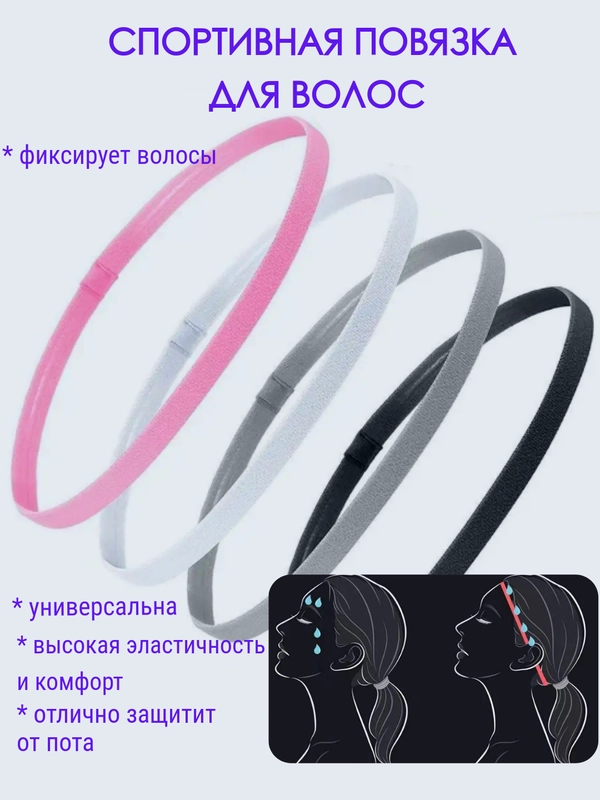 Спортивная повязка на голову тонкая с силиконовой вставкой, фитнес-резинка для волос