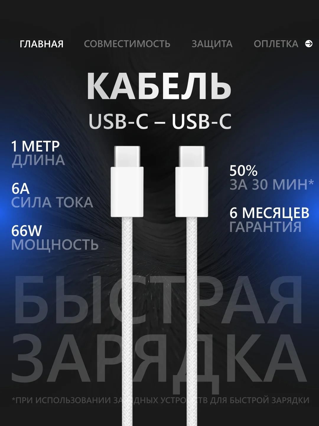 Кабель USB Type-C/Type-C для iPhone 15/16, Android, iPad, MacBook, CarPlay, 66W