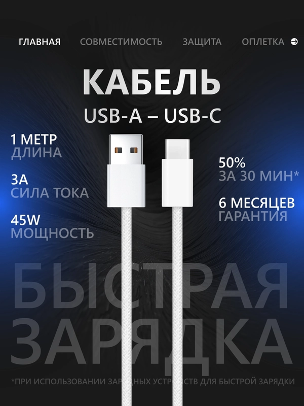 Кабель USB Type-A/Type-C для iPhone 15/16, Android, iPad, MacBook, CarPlay, 45W