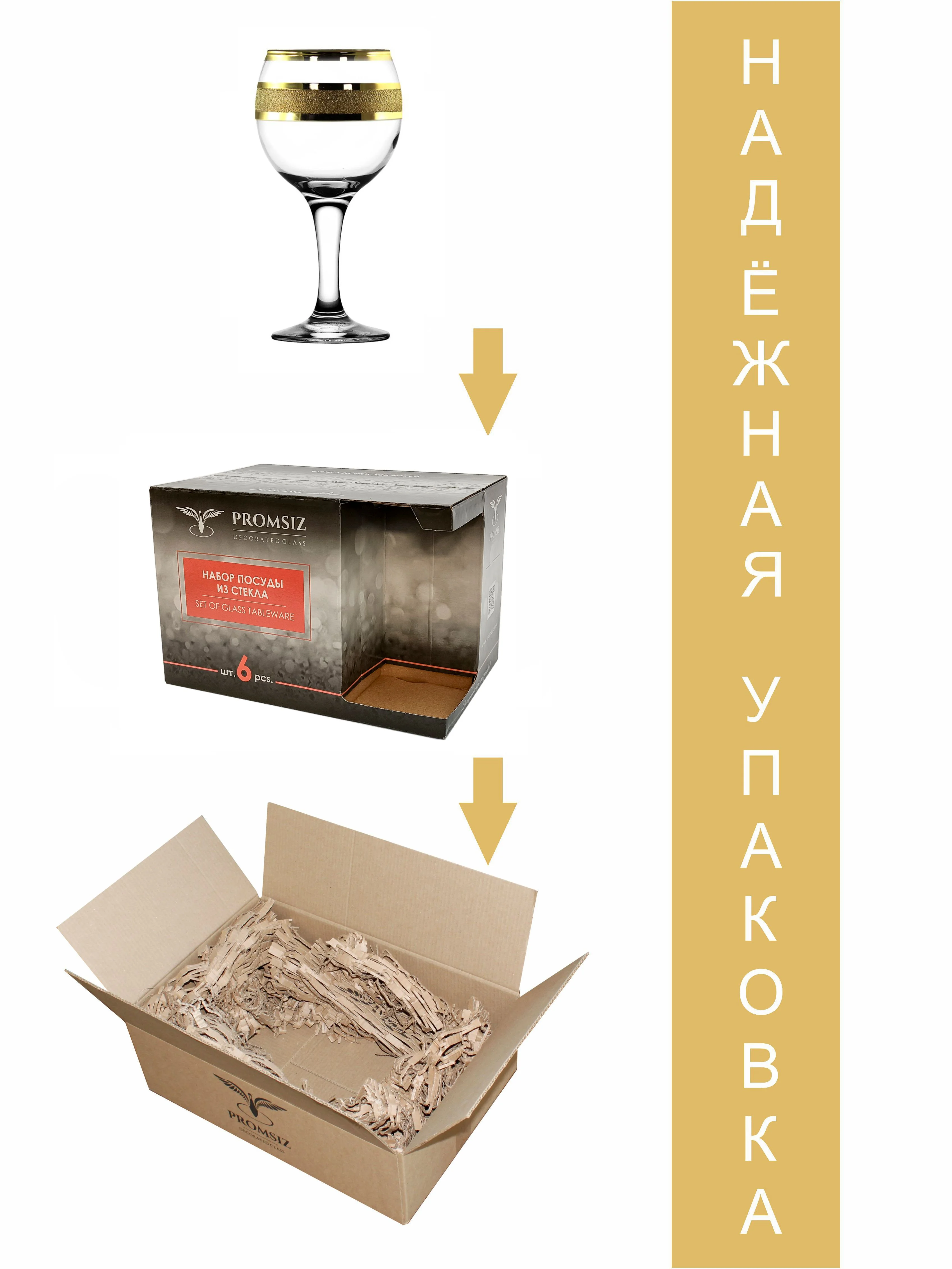Бокалы для вина, подарочный набор, 6 шт., 260 мл,золото PROMSIZ коллекция Ультра