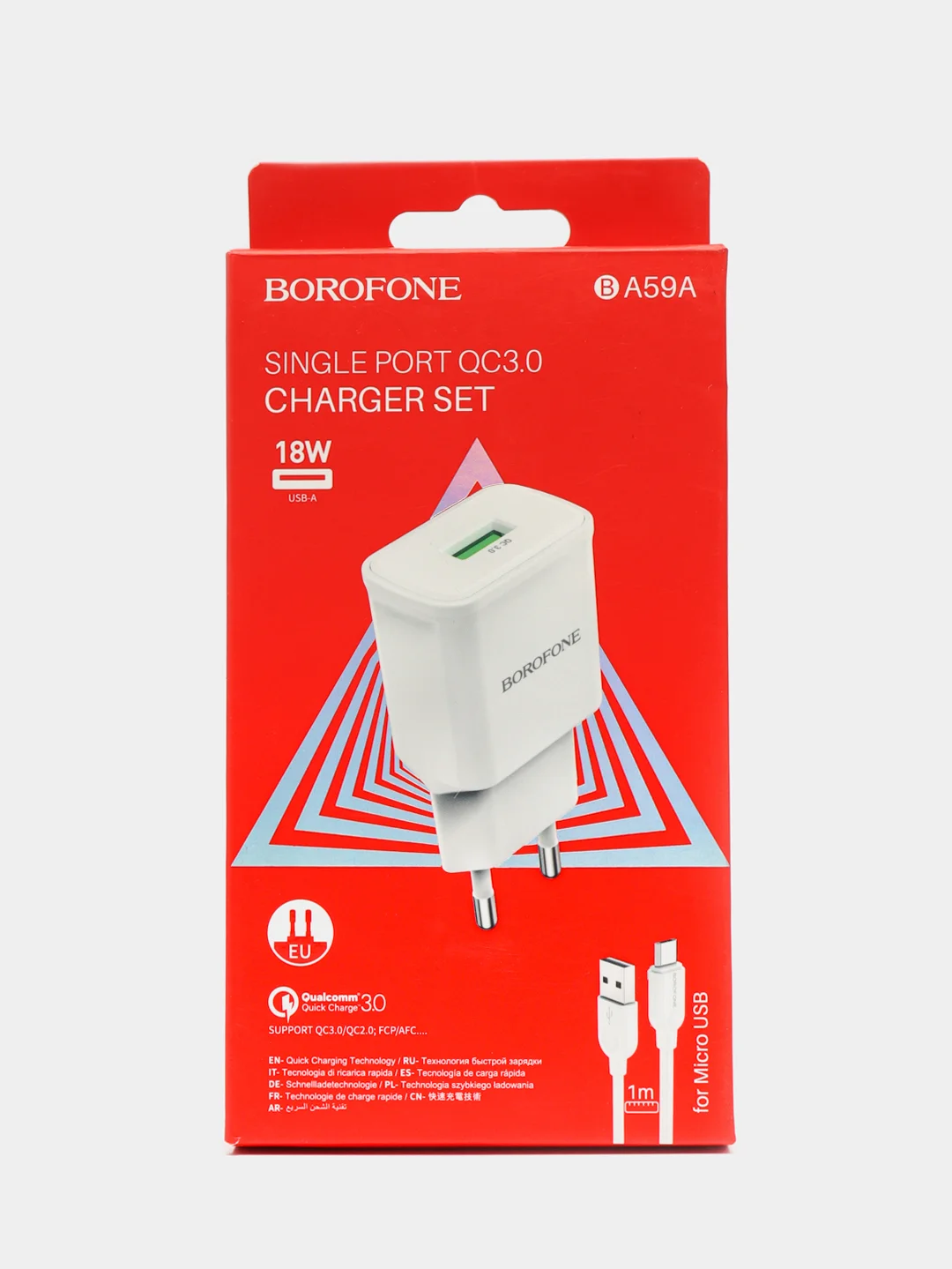 Белый зарядное устройство Borofone BA59A (1xUSB, QC 3.0, 18W+ опц.кабель Micro-USB или Type-C)