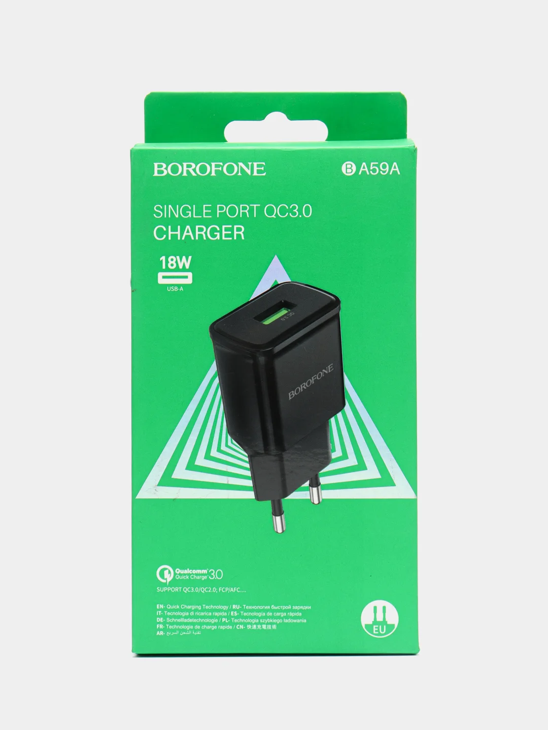Черный зарядное устройство Borofone BA59A (1xUSB, QC 3.0, 18W+ опц.кабель Micro-USB или Type-C)