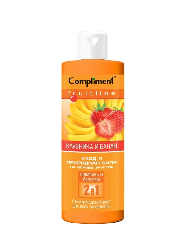 Compliment Fruit Line Шампунь и бальзам 2 в 1 Стимулирующий рост клубника и банан, 400мл