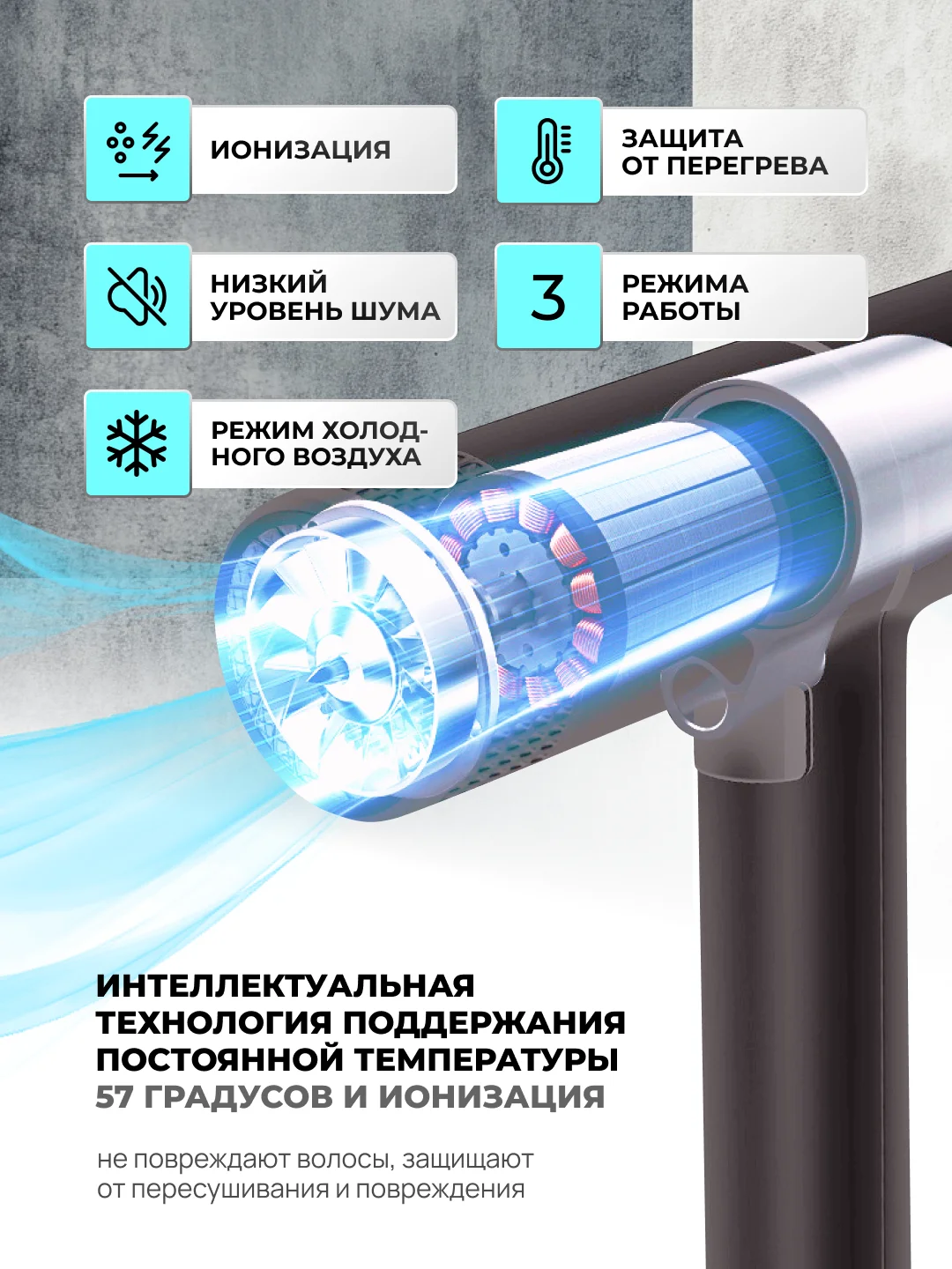 Серый профессиональный фен для волос, стайлер, мультистайлер, ионизатор, 3 насадки