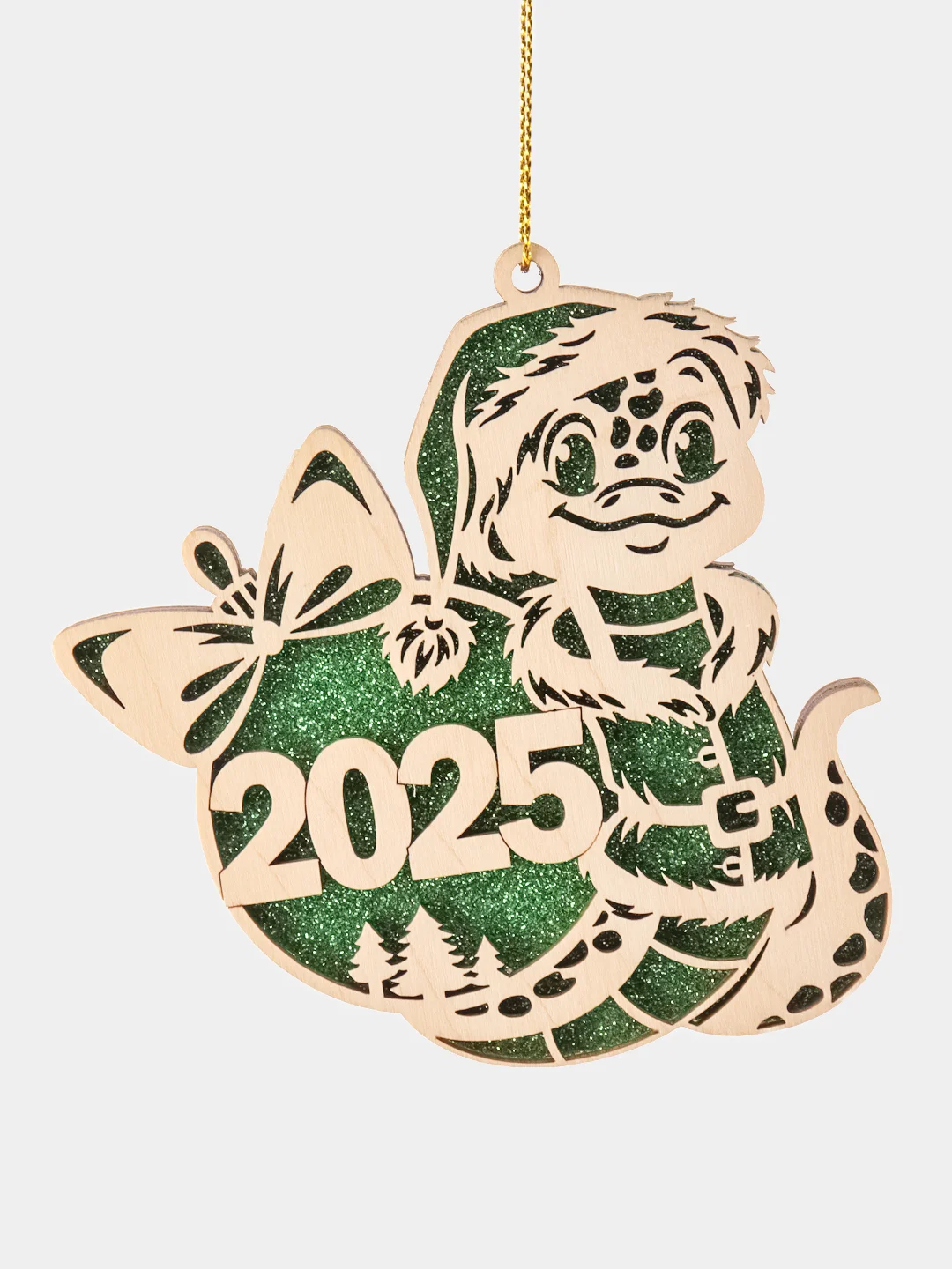 Зеленый символ года "Деревянная змея 2025". Игрушка на елку