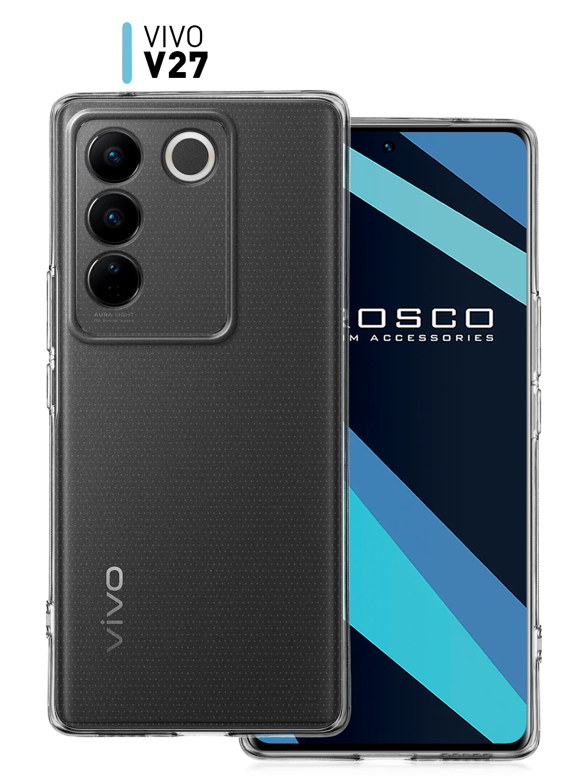 Прозрачный чехол для Vivo V27 силиконовый ROSCO прозрачный с бортиком- защитой камер и от прилипания