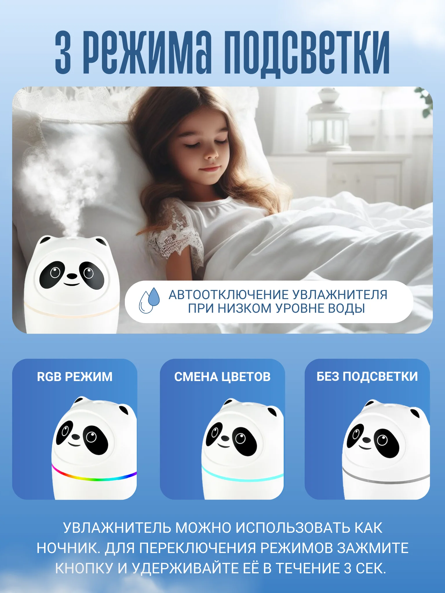 Увлажнитель воздуха "Панда", портативный, с подсветкой, 220 мл, питание от USB, фильтр 2 штуки