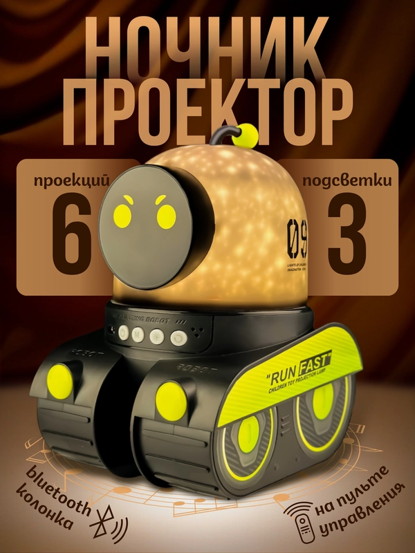 Ночник-проектор "Робот", с Bluetooth, 6 сменных проекций, 3 цветовых режима, с ДУ
