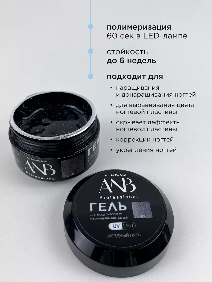 Черный гель светоотражающий для наращивания ногтей и моделирования
