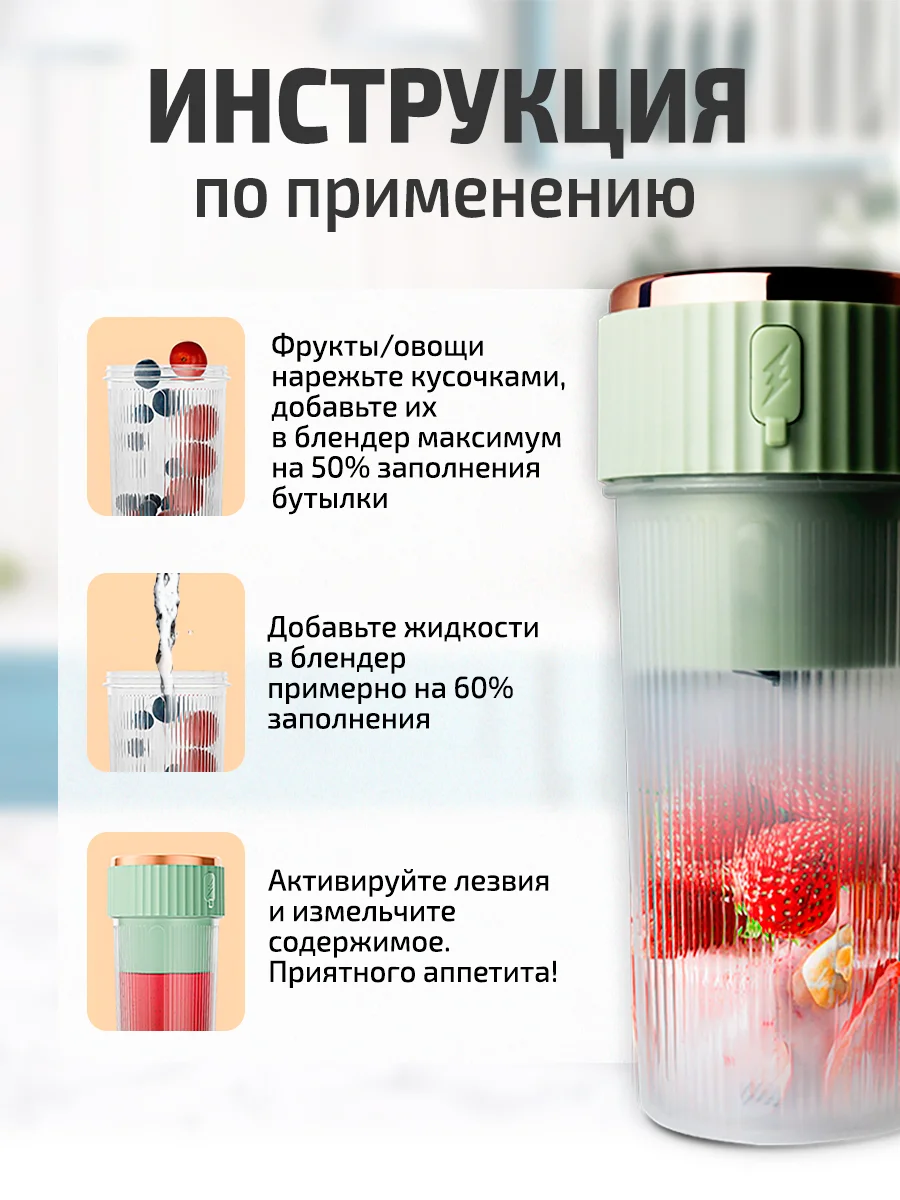 Мятный блендер портативный, измельчитель для смузи, беспроводной