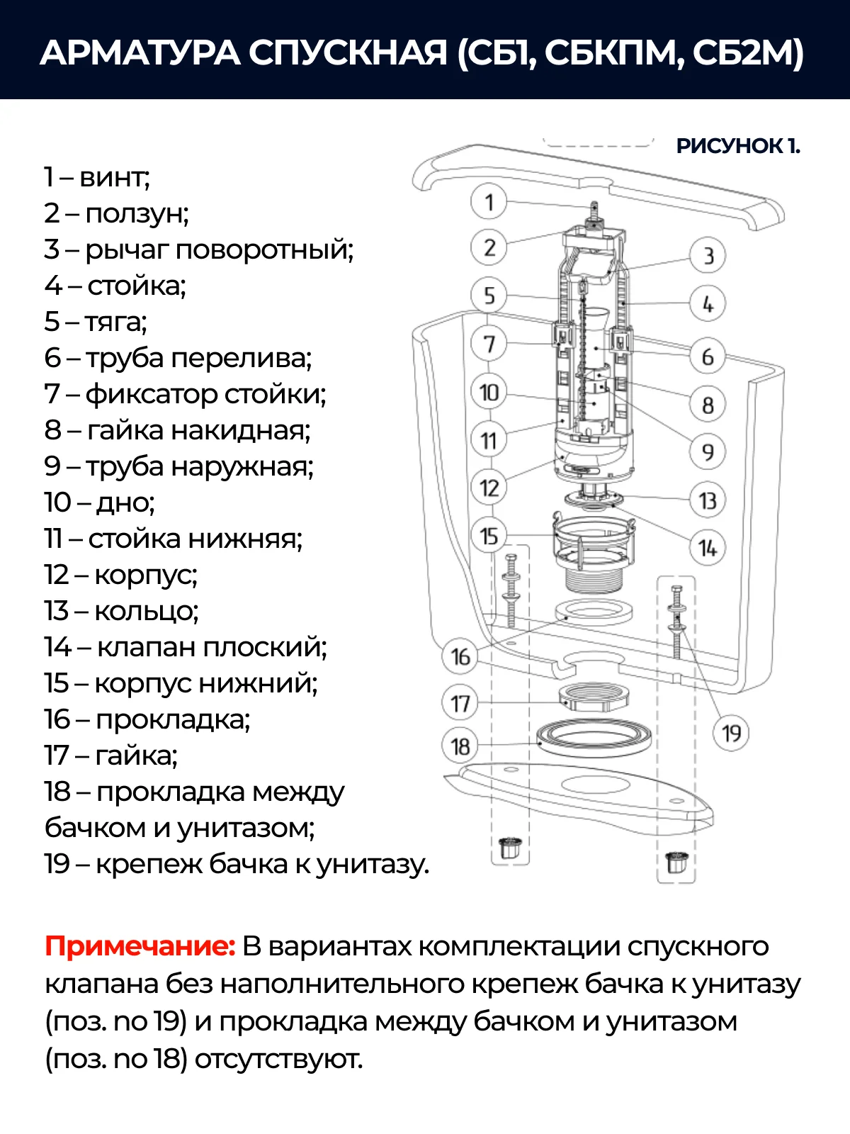 Белый клапан для бачка (спускной, универсальный, 1 режим слива) ИН