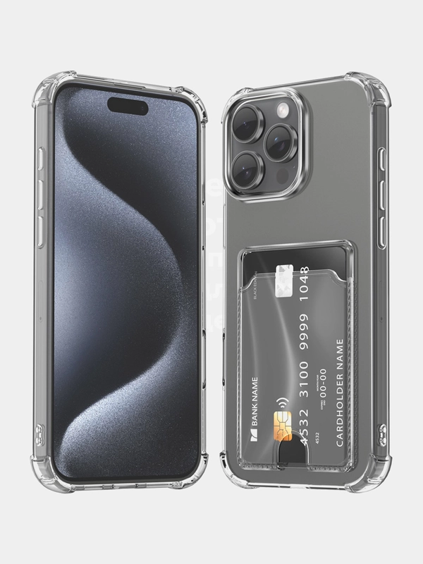 Чехол для iPhone 16/15/14/13/12/11/XR/XS/X/MAX/PLUS/MINI с карманом для карт прозрачный