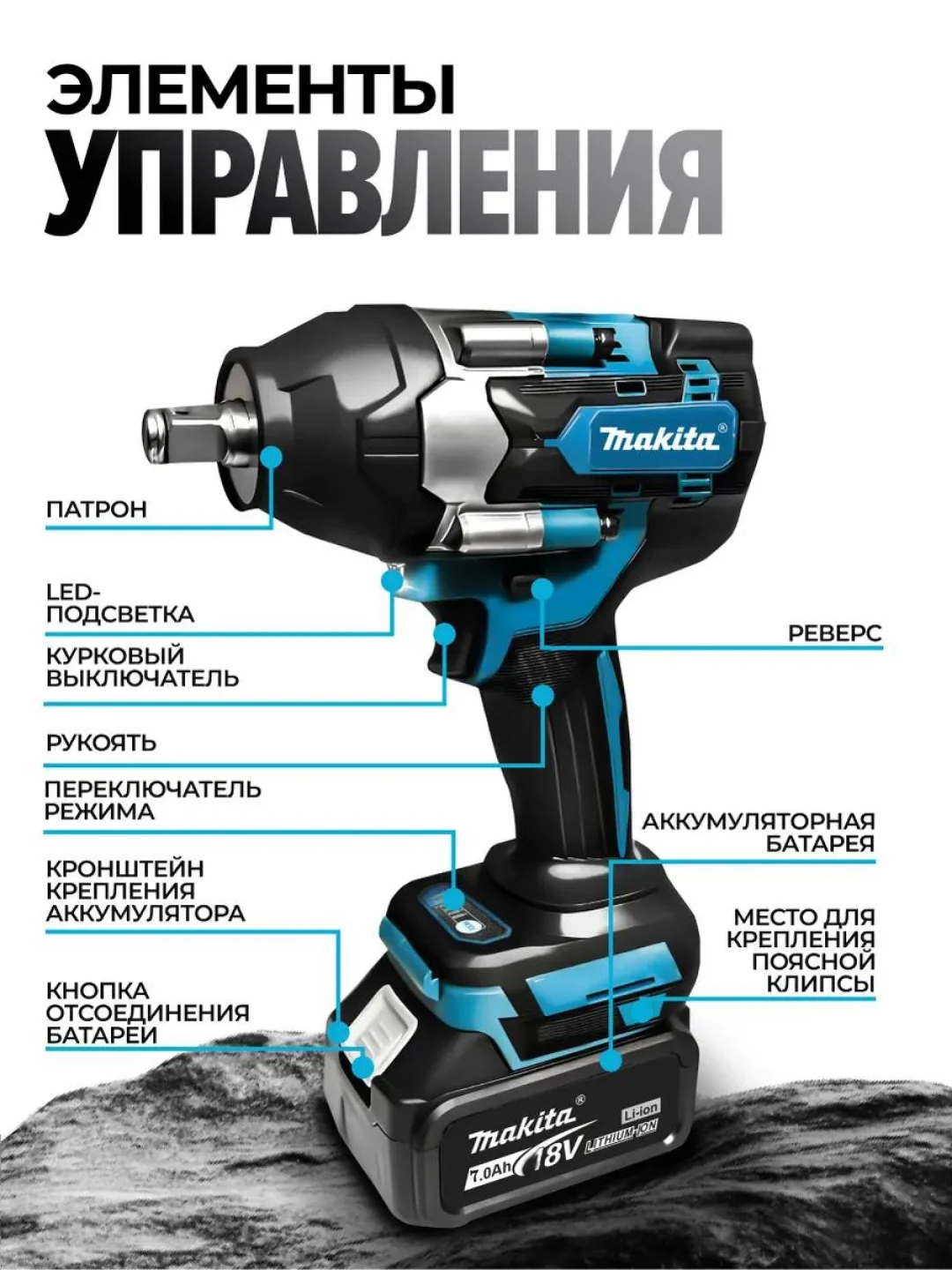 Серый гайковерт аккумуляторный бесщеточный, 18 / 26V / 21V с набором насадок