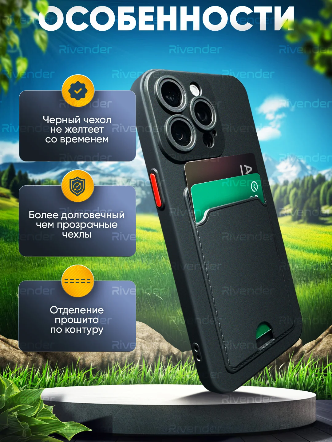 Черный чехол Xiaomi Redmi 13C/Poco C65 (Сяоми Редми), с карманом для карт
