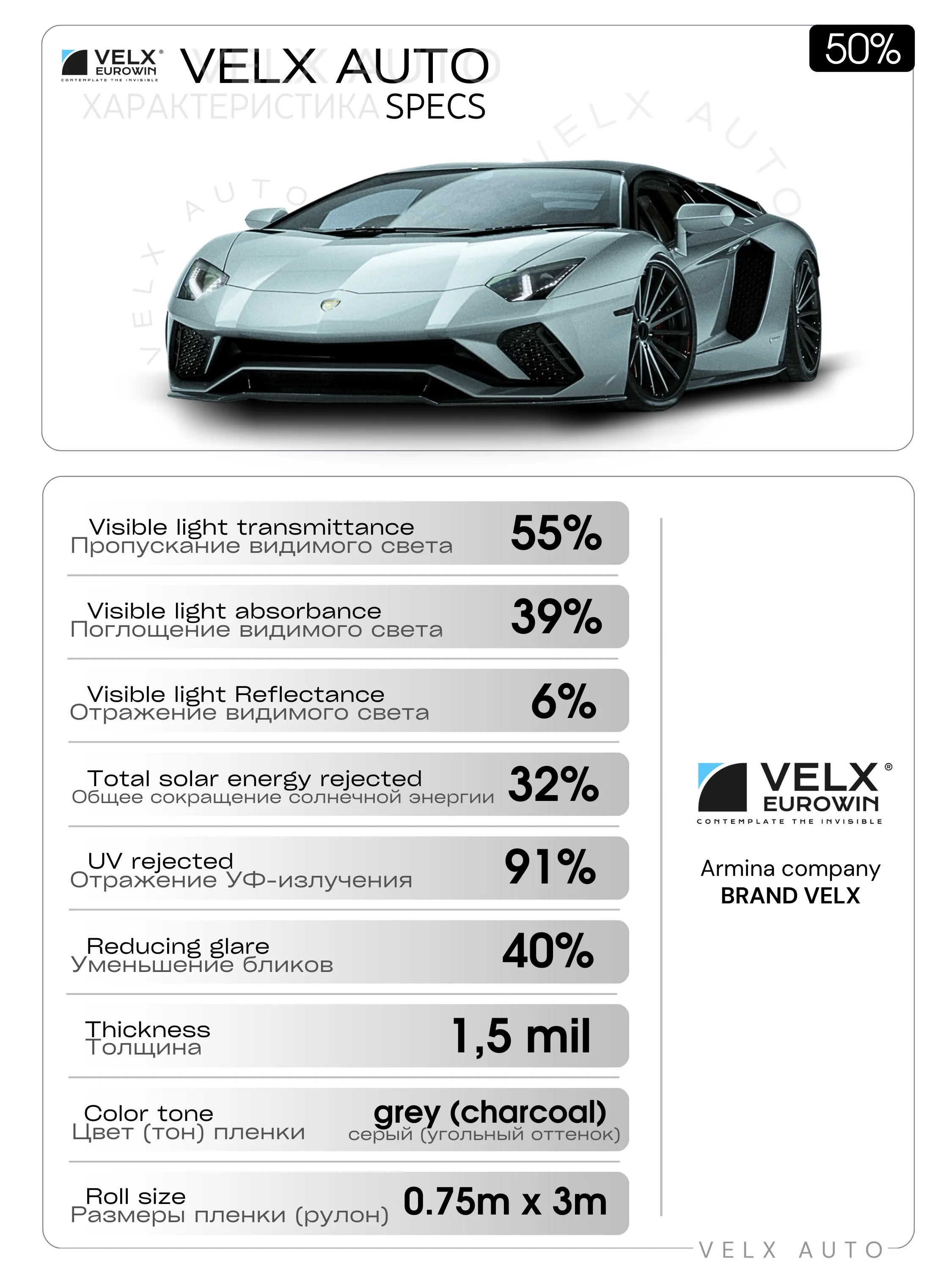 Пленка тонировочная "VELX EUROWIN AUTO" в тубе 50% Сharcol (0.75м х 3м)