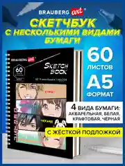 Блокнот-скетчбук для рисования 4 типа бумаги 146х204 мм, 60 листов, Brauberg Аниме, 115066