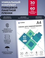 Пленка для ламинирования, ГЕЛЕОС А4 (216х303 мм), 60 мкм, 30 шт., глянцевая