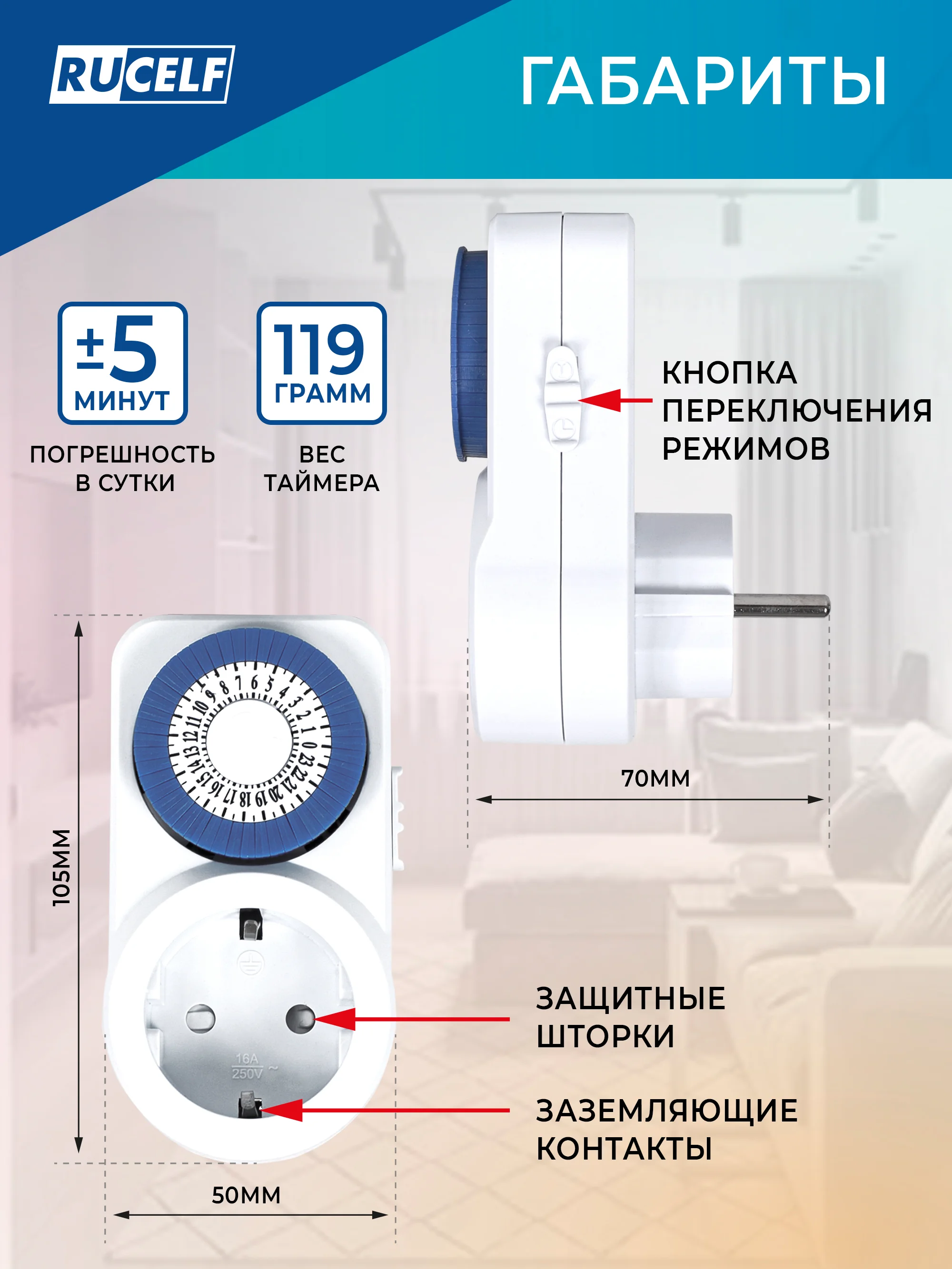 Розетка с таймером RUCELF TM-30-24S 30мин 24ч 16А