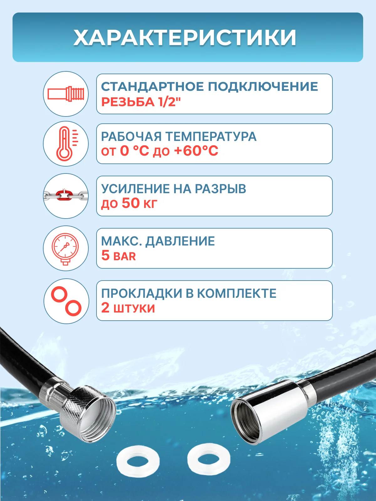 Черный шланг для душа ELKA 1,5 метра ПВХ чёрный глянцевый