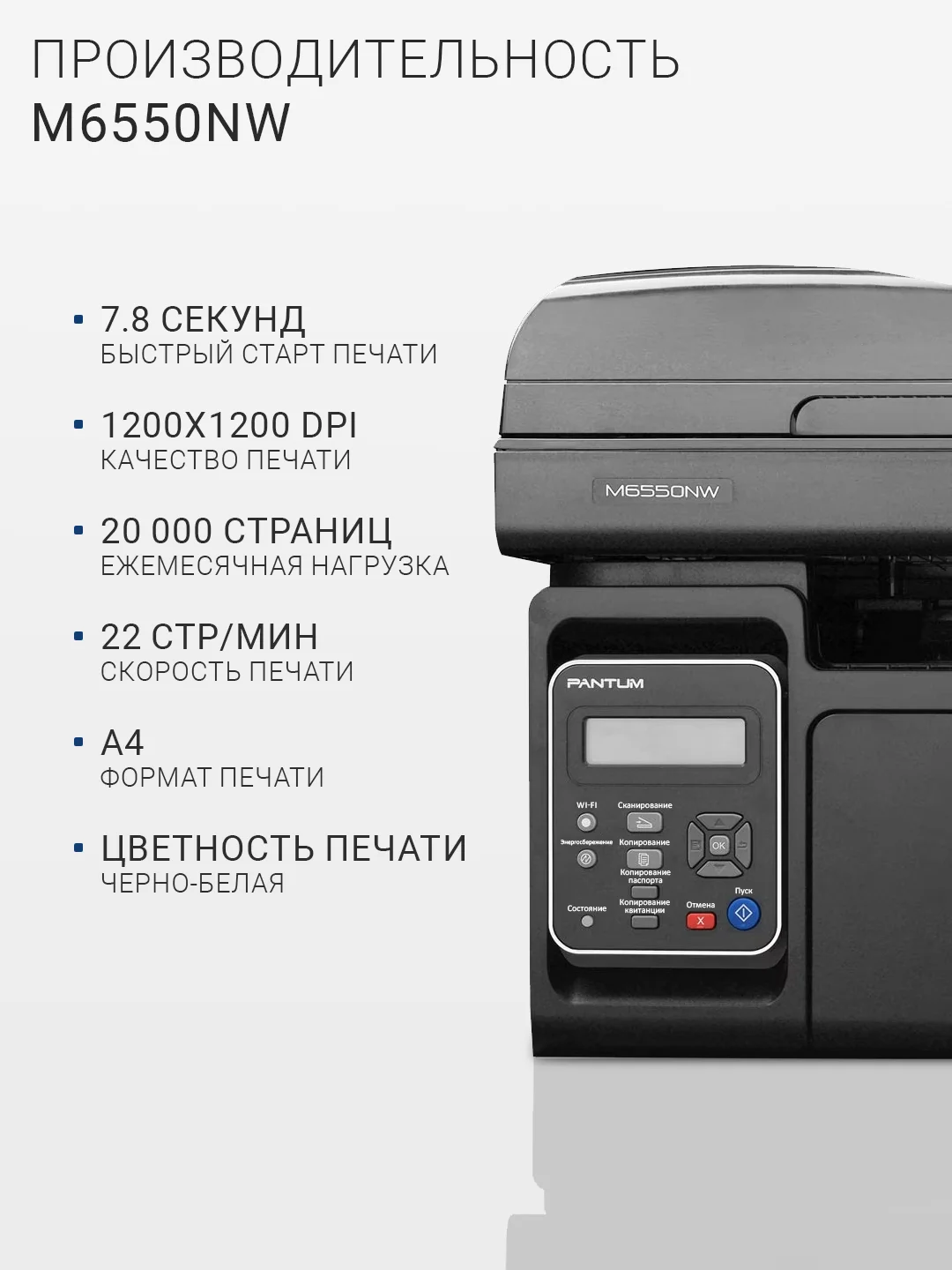 МФУ Pantum M6550NW, принтер, сканер, копир, Wi-Fi, LAN