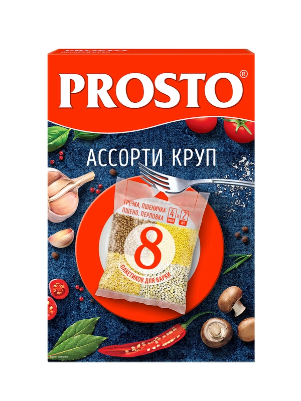 Крупы Ассорти PROSTO (греча, пшено, пшеничка, перловка), в варочных пакетиках, 500г