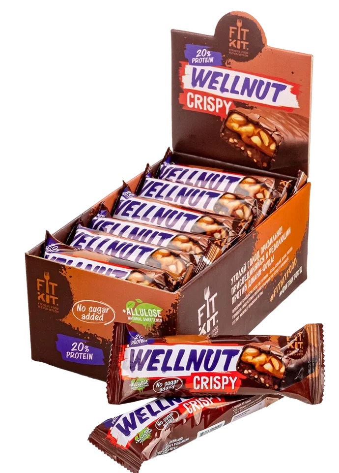 FIT KIT Батончик глазированный с начинкой со вкусом «Арахис-карамель» 45г (WELLNUT)