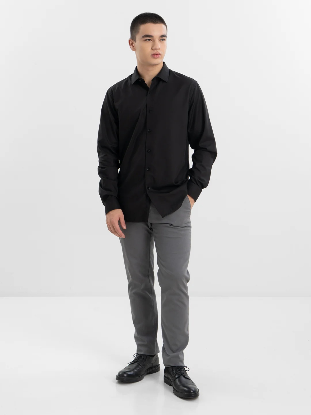 Черный рубашка мужская с длинным рукавом, приталенная Slim Fit