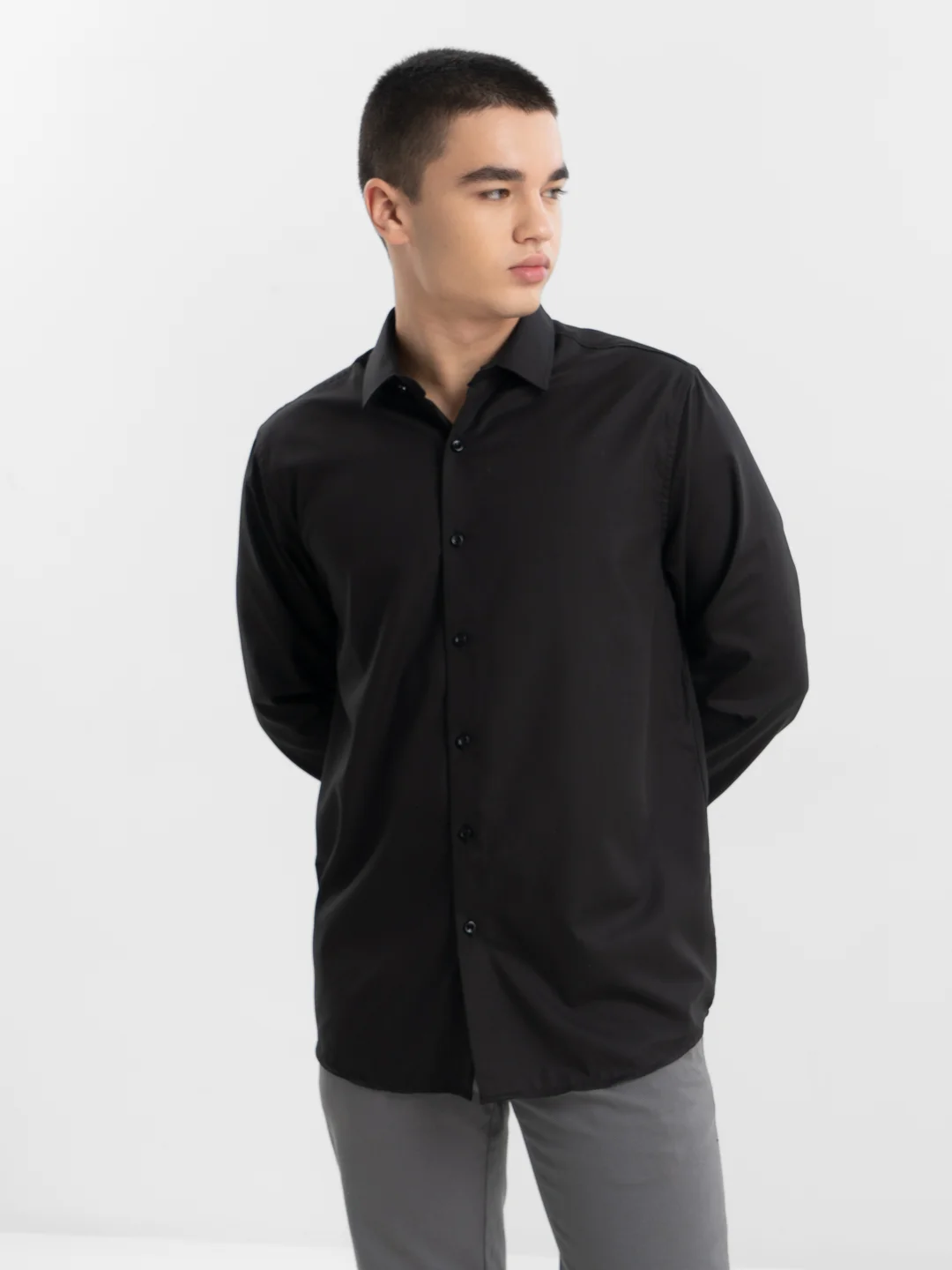 Черный рубашка мужская с длинным рукавом, приталенная Slim Fit