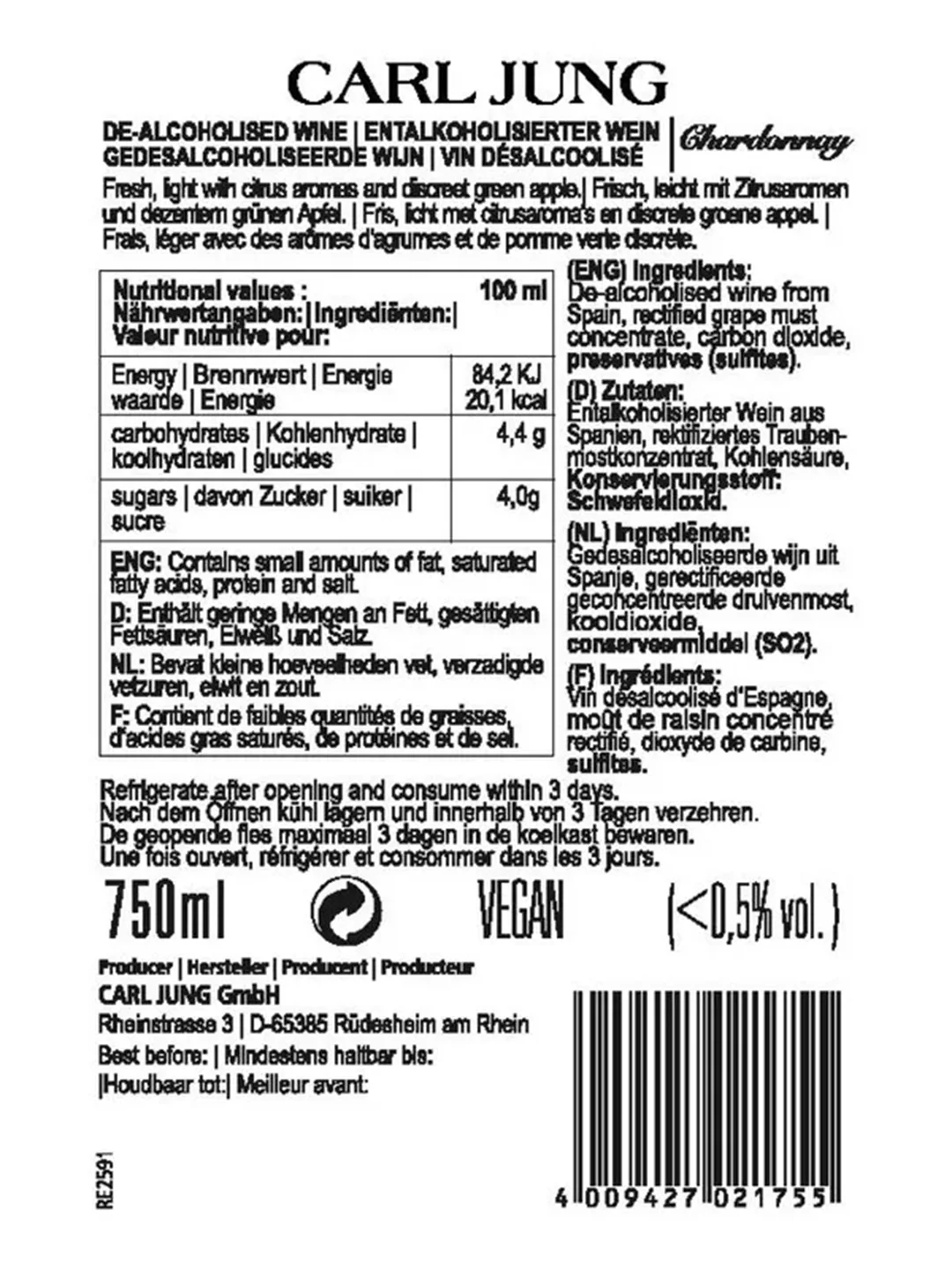 Вино белое безалкогольное "Chardonnay", 750мл, Германия