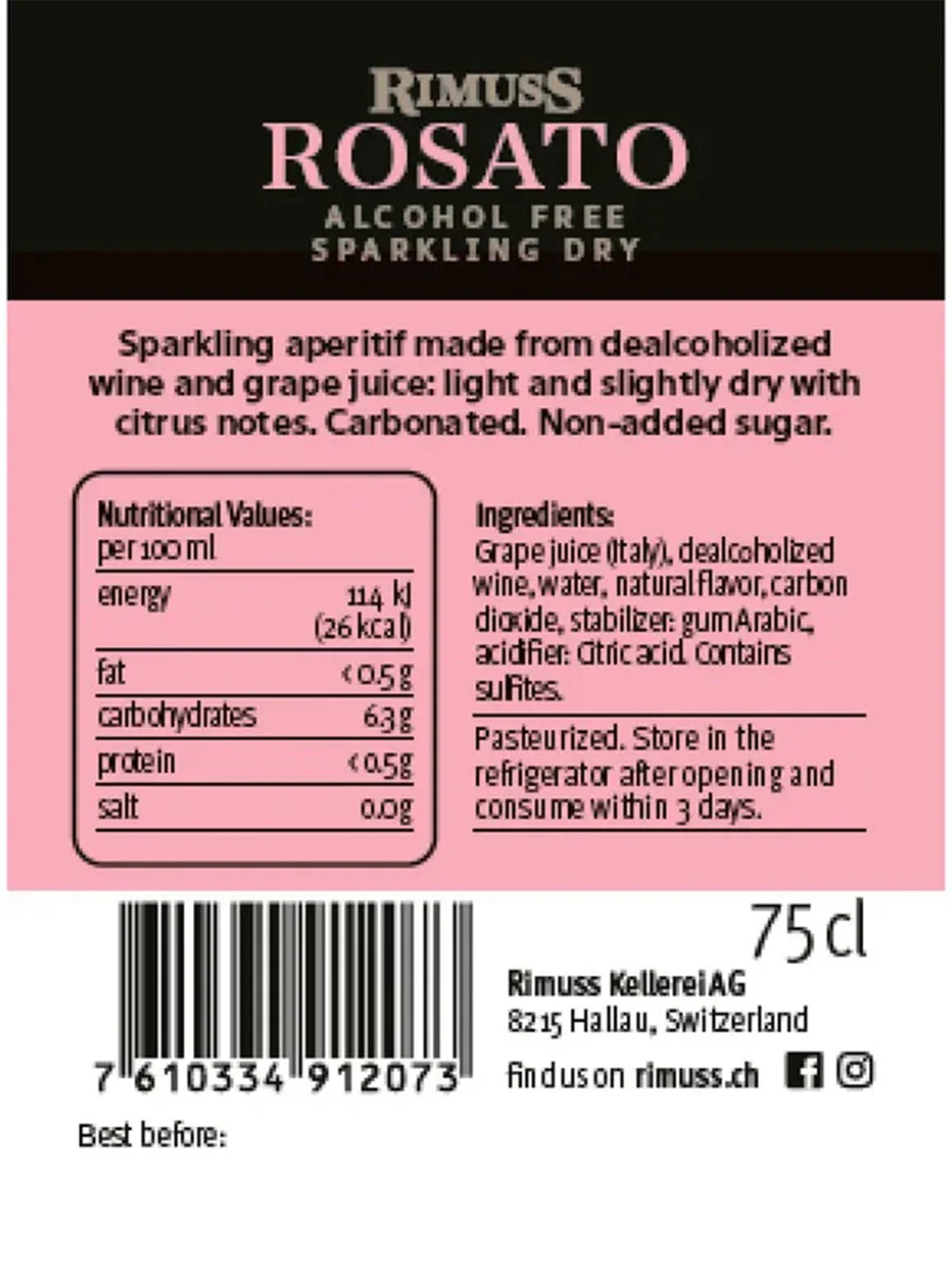 Шампанское безалкогольное "Rimuss ROSATO" 750мл, Швейцария