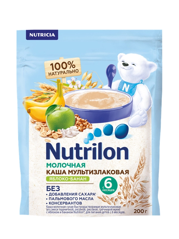 Каша молочная Nutrilon мультизлаковая, с яблоком и бананом, с 6 месяцев, 200г