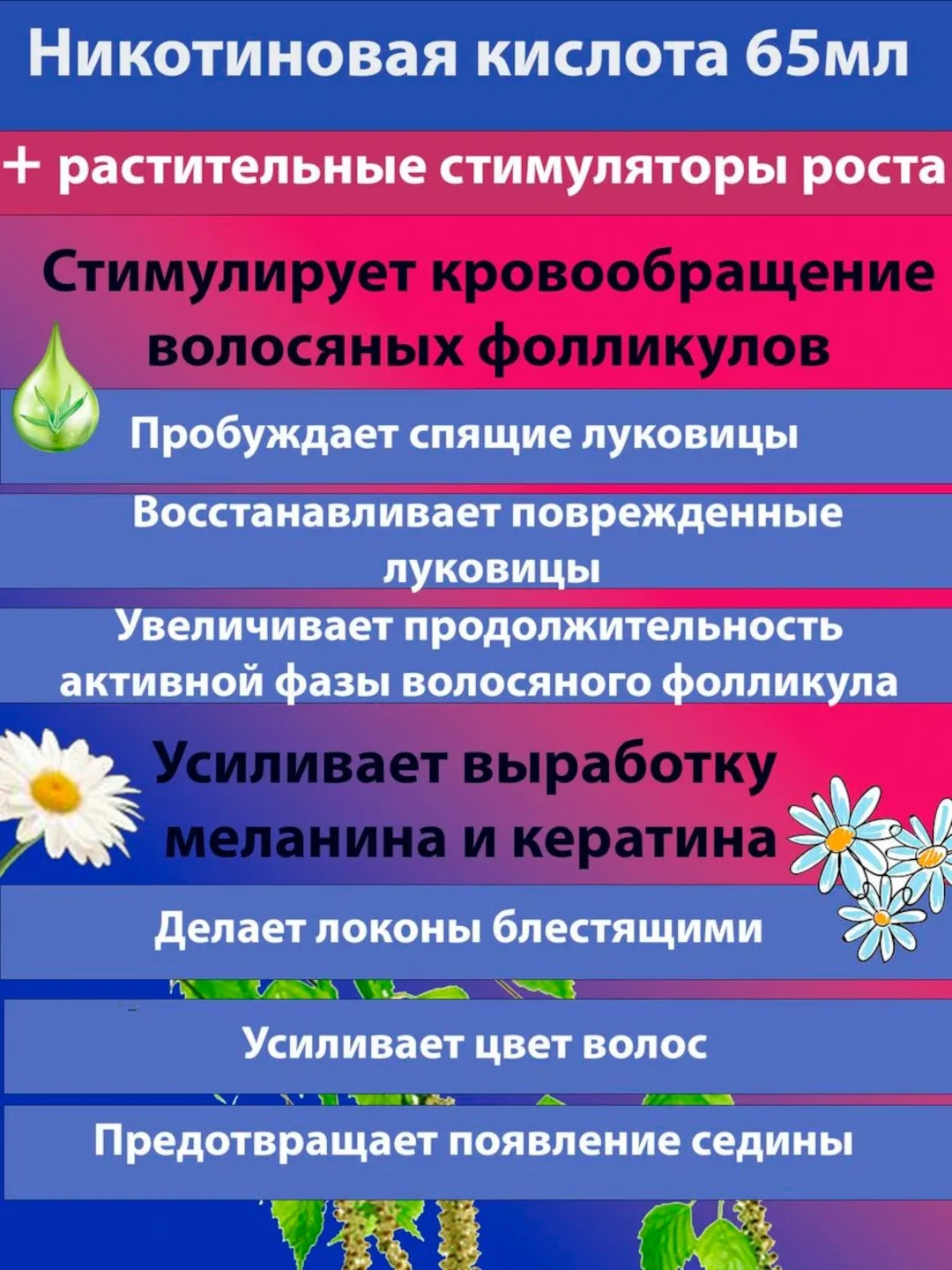 Никотиновая кислота для волос 911 с растительными стимулятором роста, 65 мл