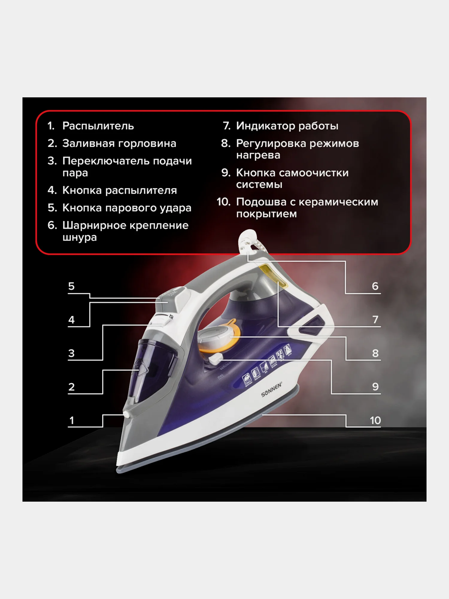 Утюг Sonnen Si-240, 2600 Вт, керамическое покрытие, антикапля, антинакипь, фиолетовый