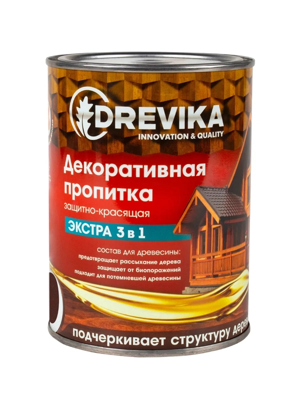 Декоративная пропитка для дерева Drevika Экстра 3 в 1, полуматовая, 0,8 л, тик
