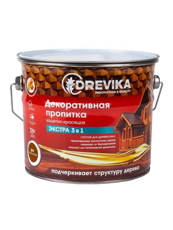 Декоративная пропитка для дерева Drevika Экстра 3 в 1, полуматовая, 3 л, дуб