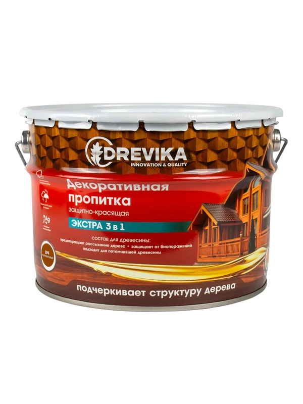 Декоративная пропитка для дерева Drevika Экстра 3 в 1, полуматовая, 9 л, дуб