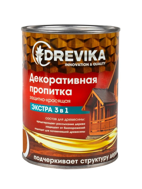 Декоративная пропитка для дерева Drevika Экстра 3 в 1, полуматовая, 0,8 л, груша