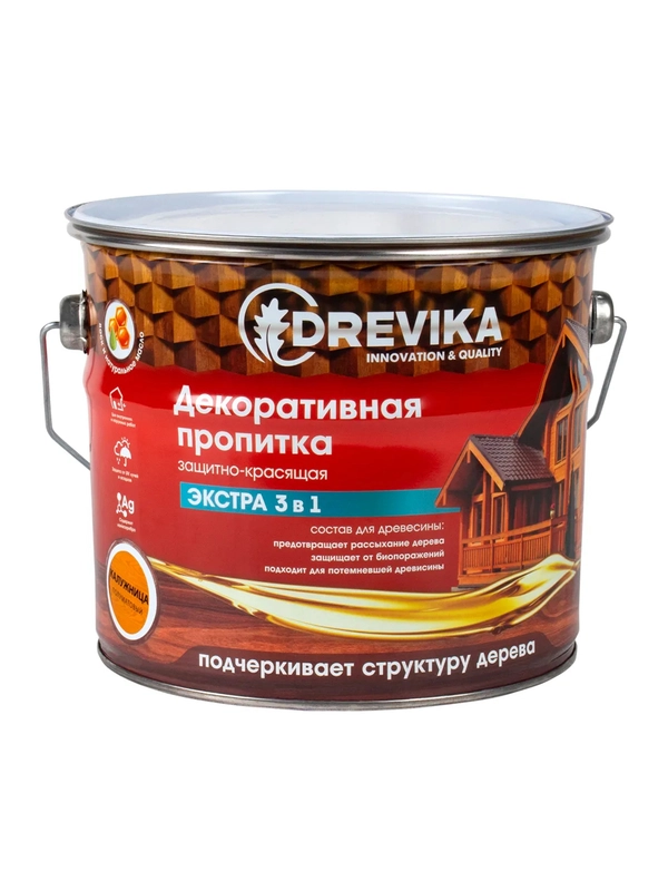 Декоративная пропитка для дерева Drevika Экстра 3 в 1, полуматовая, 3 л, калужница