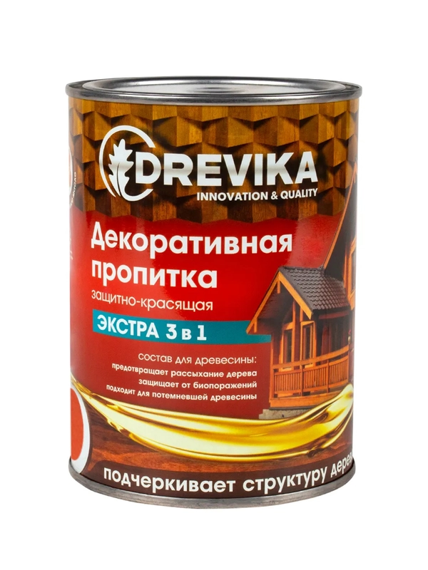 Декоративная пропитка для дерева Drevika Экстра 3 в 1, полуматовая, 0,8 л, рябина