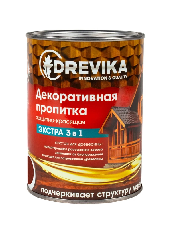Декоративная пропитка для дерева Drevika Экстра 3 в 1, полуматовая, 0,8 л, красное дерево