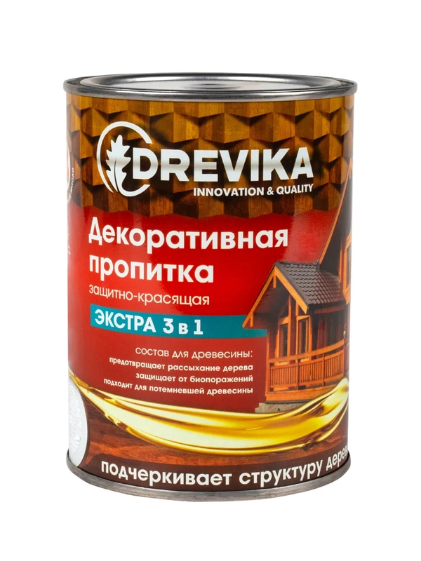 Декоративная пропитка для дерева Drevika Экстра 3 в 1, полуматовая, 0,8 л, бесцветная