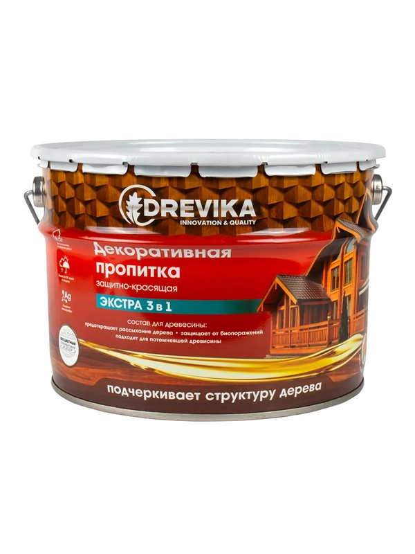 Декоративная пропитка для дерева Drevika Экстра 3 в 1, полуматовая, 9 л, бесцветная
