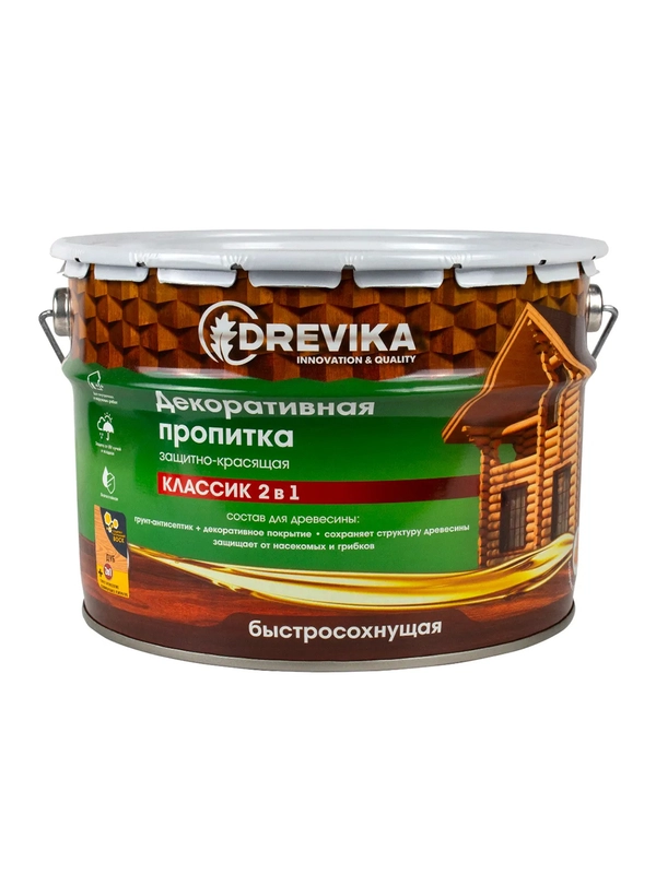 Декоративная пропитка для дерева Drevika Классик 2 в 1, полуматовая, 9 л, дуб