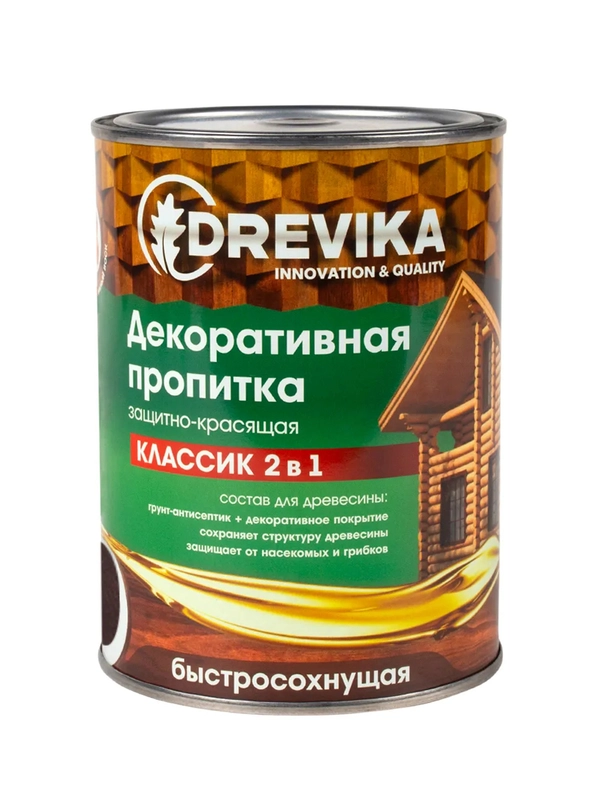 Декоративная пропитка для дерева Drevika Классик 2 в 1, полуматовая, 0,75 л, орех