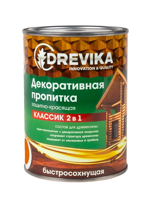 Декоративная пропитка для дерева Drevika Классик 2 в 1, полуматовая, 0,75 л, рябина