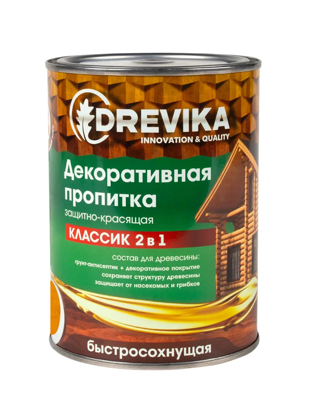 Декоративная пропитка для дерева Drevika Классик 2 в 1, полуматовая, 0,75 л, сосна
